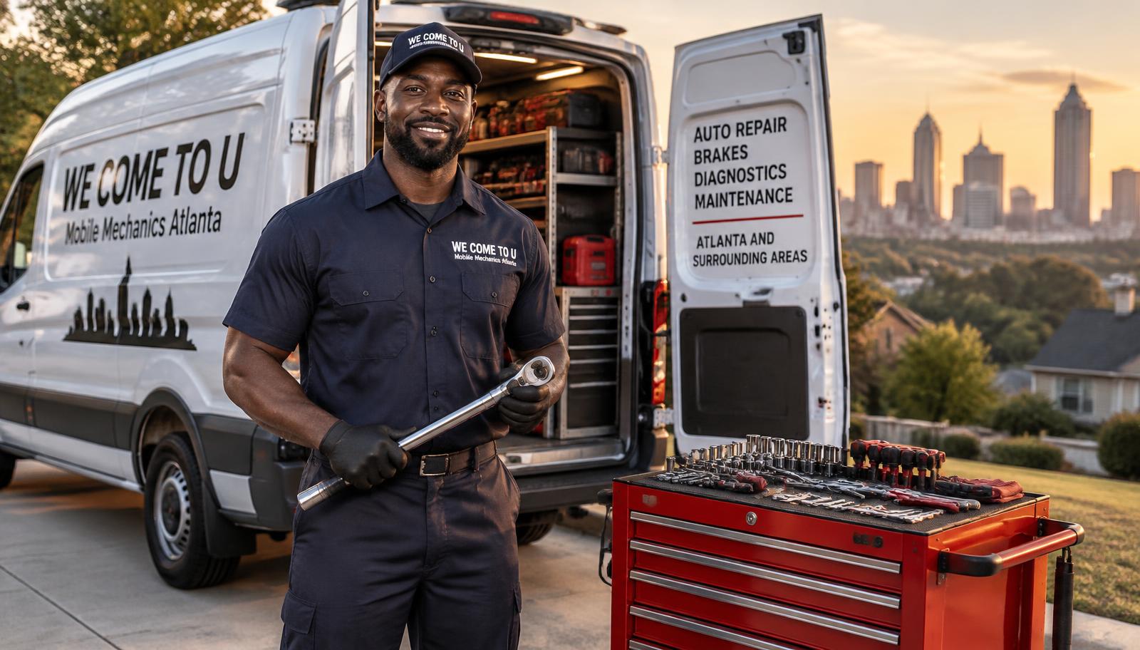Mobile mechanic working on a car in a residential driveway